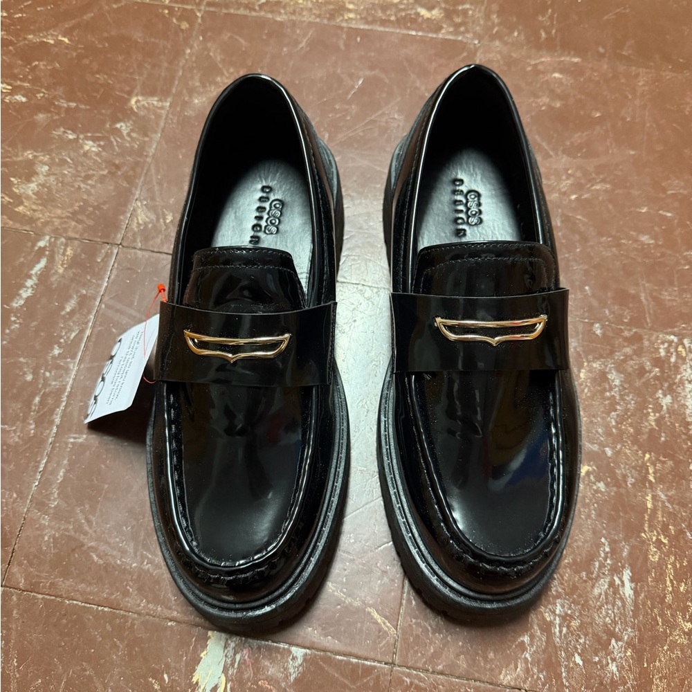 ASOS Glossy Black Leather Loafers with Gold Detail